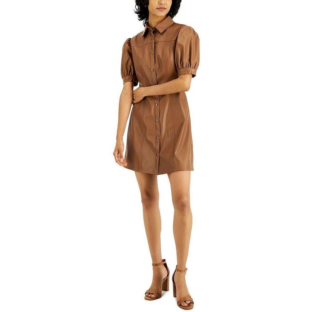 Kit & Sky Womens Juniors Faux Leather Puff Sleeves Shirtdress NEW NWT